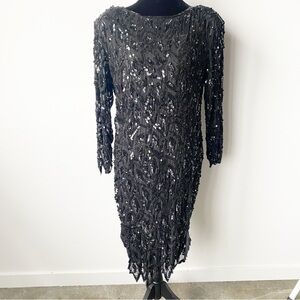 O.R. Silk Fashions Vintage Pure Silk Black Sequin Dress Size Large